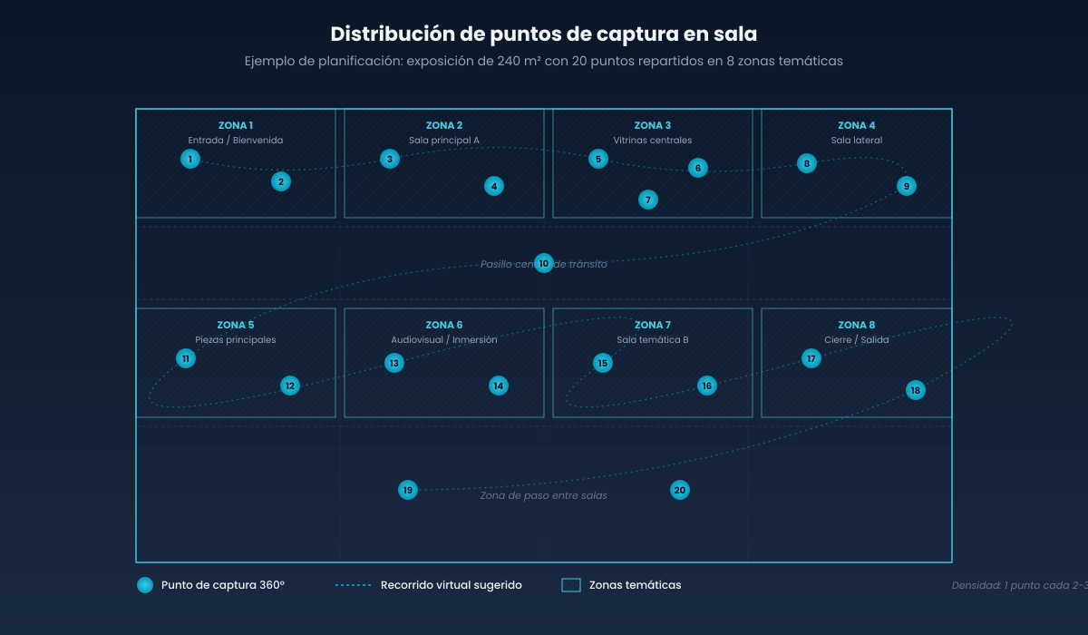 Esquema de distribución de 20 puntos de captura 360 en una planta de exposición temporal de 240 metros cuadrados organizada en 8 zonas temáticas con recorrido virtual sugerido